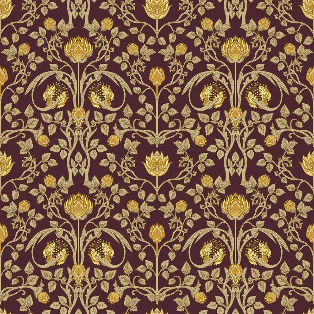 Tulip Garden Wallpaper - Gold on Bordeaux - LAN100040 - Lucie Annabel - Premier Wallcovering