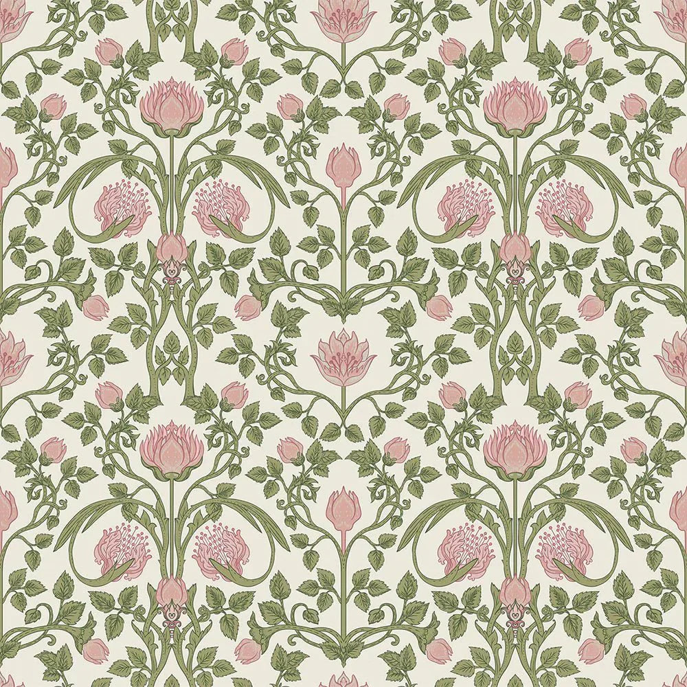 Tulip Garden Wallpaper - Sweet Pink and Olive on Cream - LAN100036 - Lucie Annabel - Premier Wallcovering