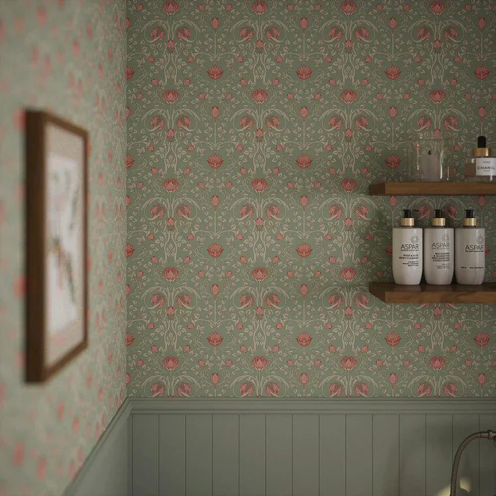 Tulip Garden Wallpaper - Blushing Peach on Green Tea - LAN100039 - Lucie Annabel - Premier Wallcovering