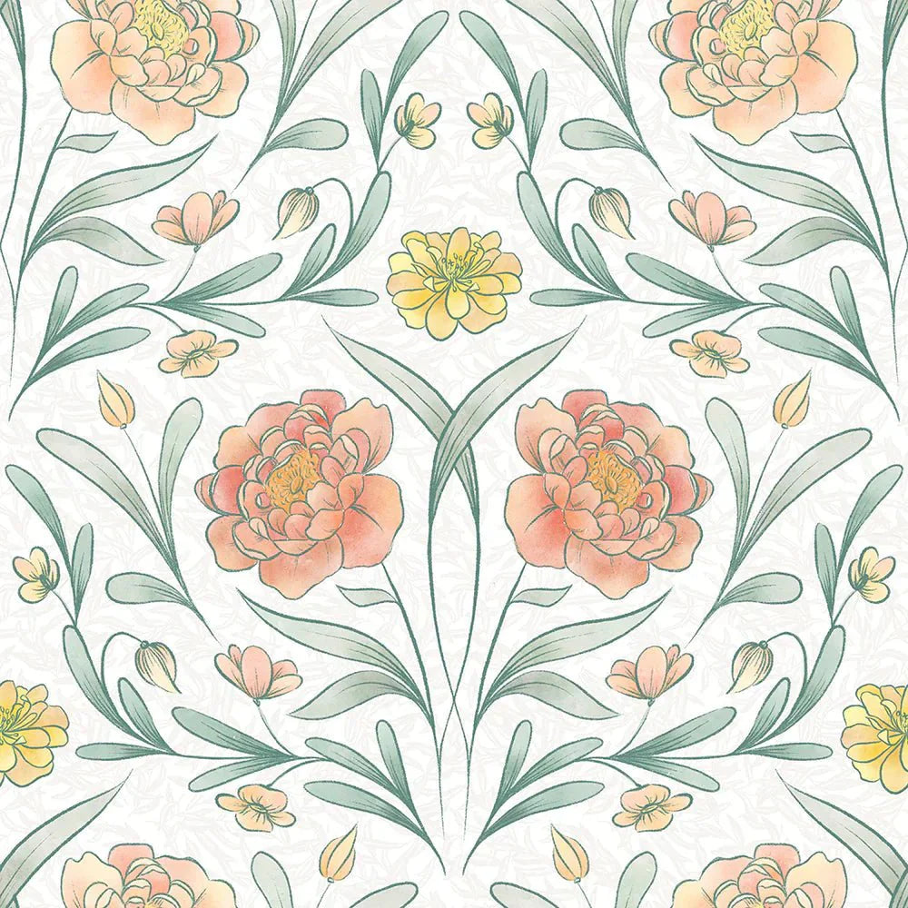 Vintage Trellis Wallpaper - Silt Green, Peach and Yellow - LAN100092 - Lucie Annabel - Premier Wallcovering